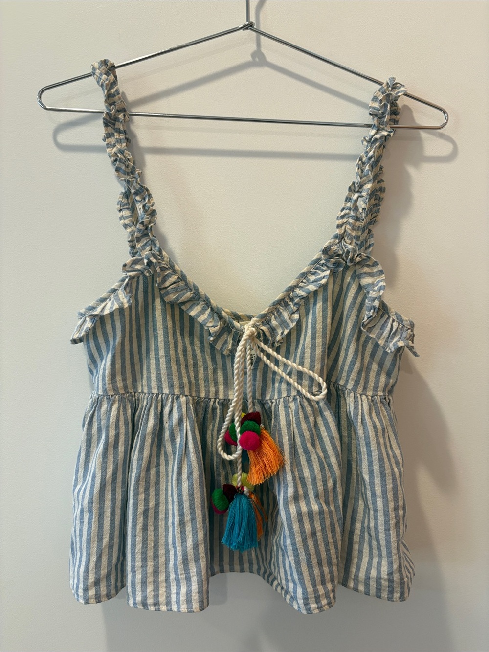 Zara Blue and White Striped Ruffle Tank Top with Tassels